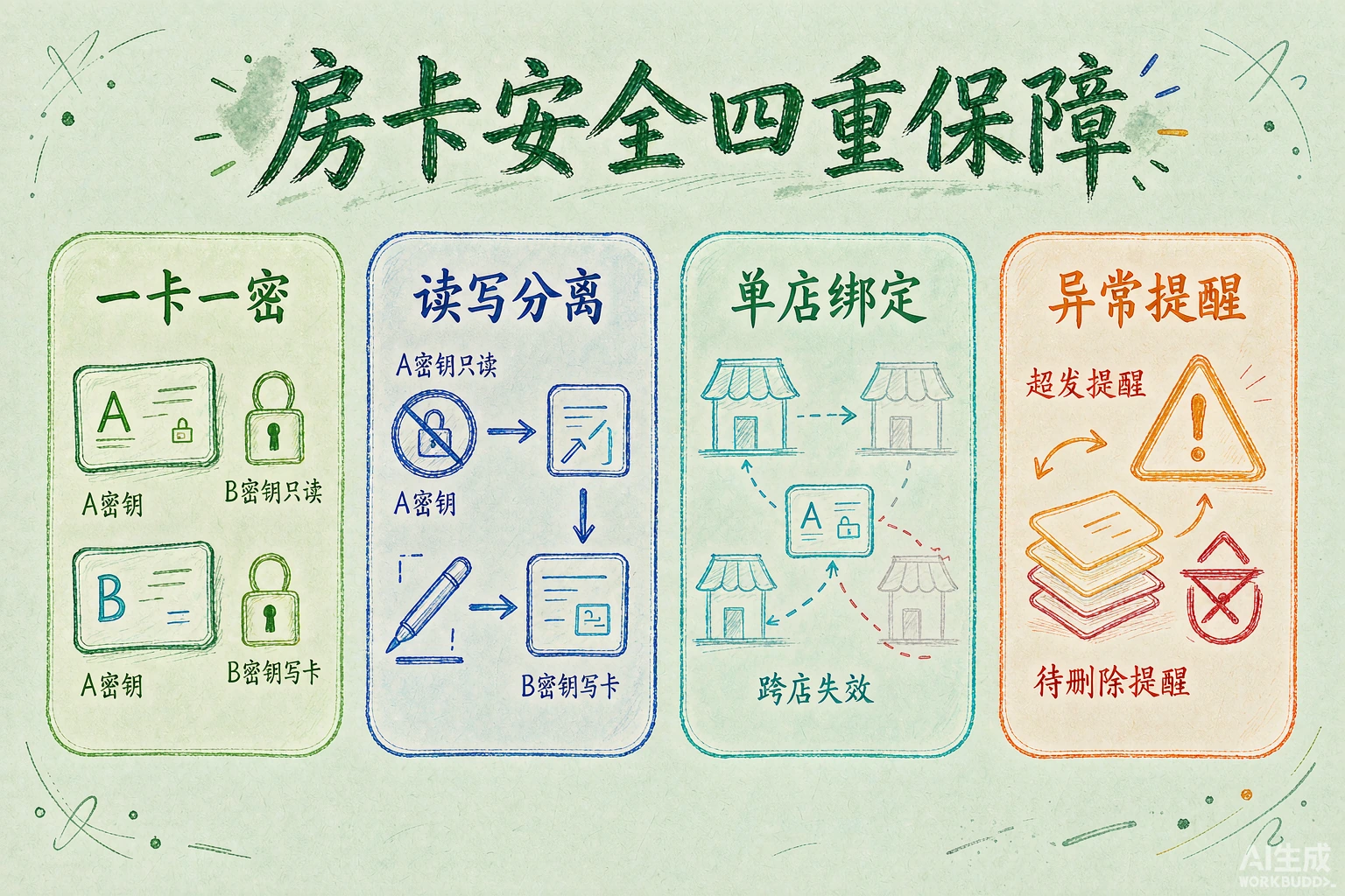 房卡安全：发卡器持写密钥，物理隔离，门锁只读，一卡一密
