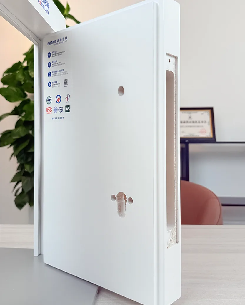LS02 酒店静音锁开孔图示：安装前的白色酒店门体（贴有 LS02 Hotel Silent Lock 产品标贴与多张资质认证贴纸），门面上只开两个孔——上方一个信号透光小孔、下方一个贴合锁芯尺寸的葫芦形锁头孔，侧面为 30×260mm 窄长导向片锁体槽，门体出厂隔音结构完整保留