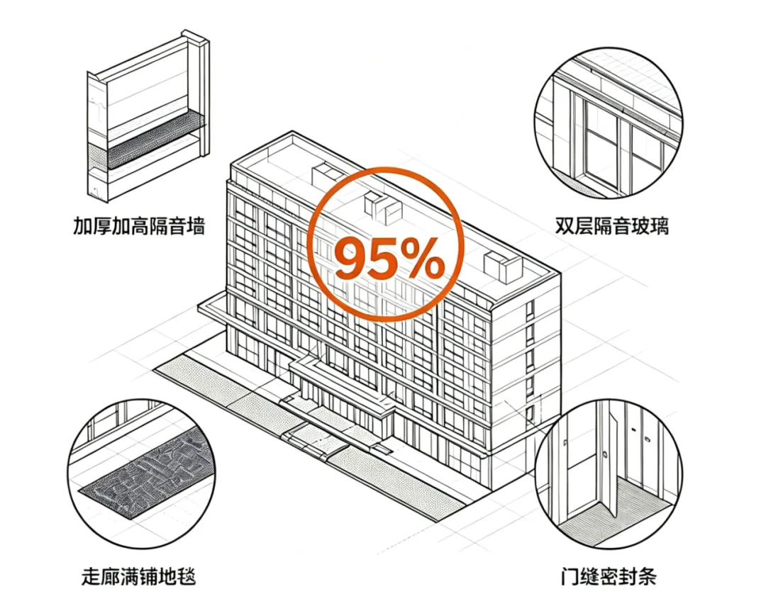 酒店静音工程 95%：加厚隔音墙、双层玻璃、满铺地毯、门缝密封条