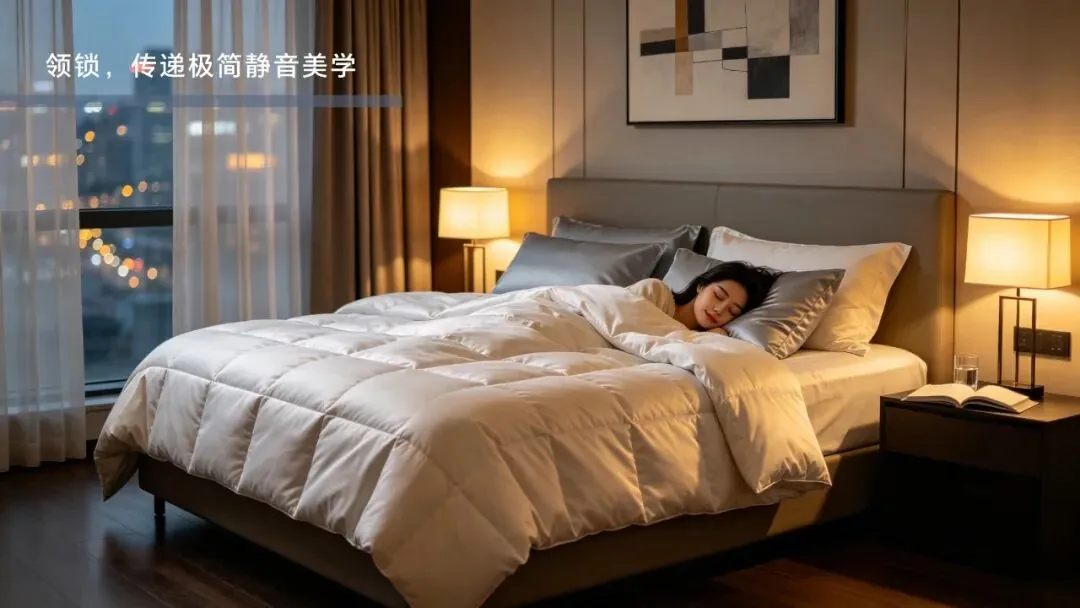 酒店客房内住客安静入睡，体现 LS02 静音锁带来的住宿体验