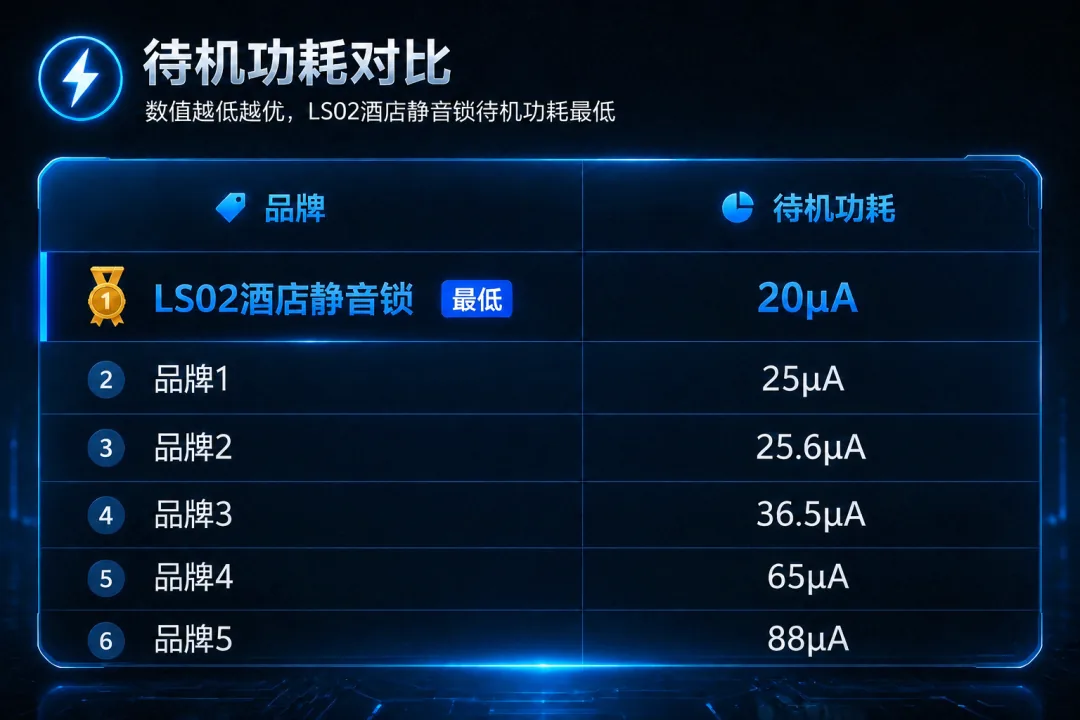 待机功耗对比排行榜：LS02 酒店静音锁 20μA 行业最低（金牌标记），品牌1 25μA、品牌2 25.6μA、品牌3 36.5μA、品牌4 65μA、品牌5 88μA——数值越低越优