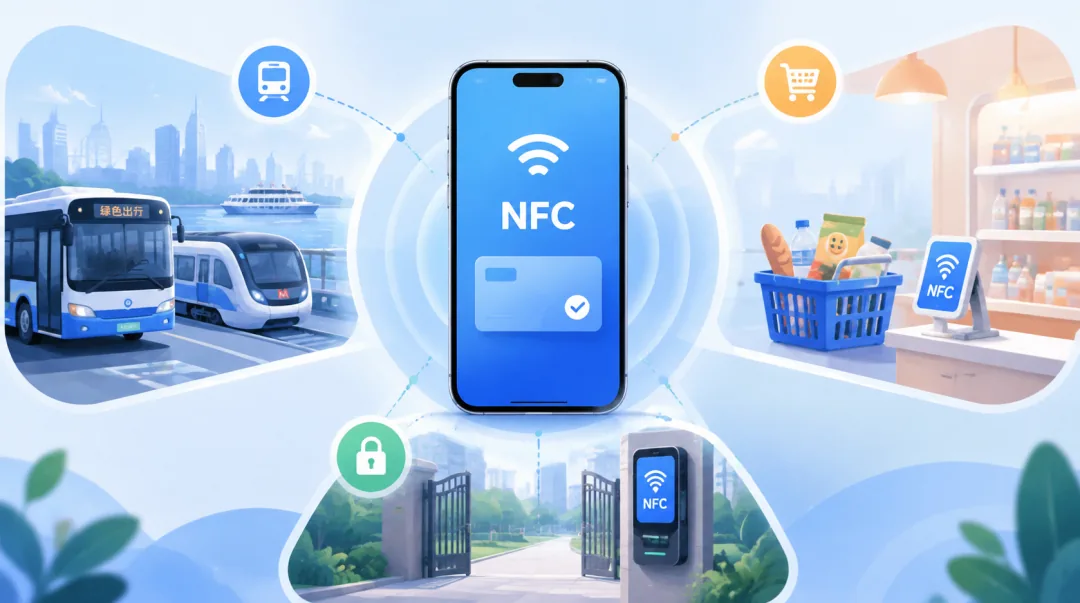 手机 NFC 三场景插画：绿色出行乘车、便利店支付、门禁通行三个画面，均以手机 NFC 碰一碰完成