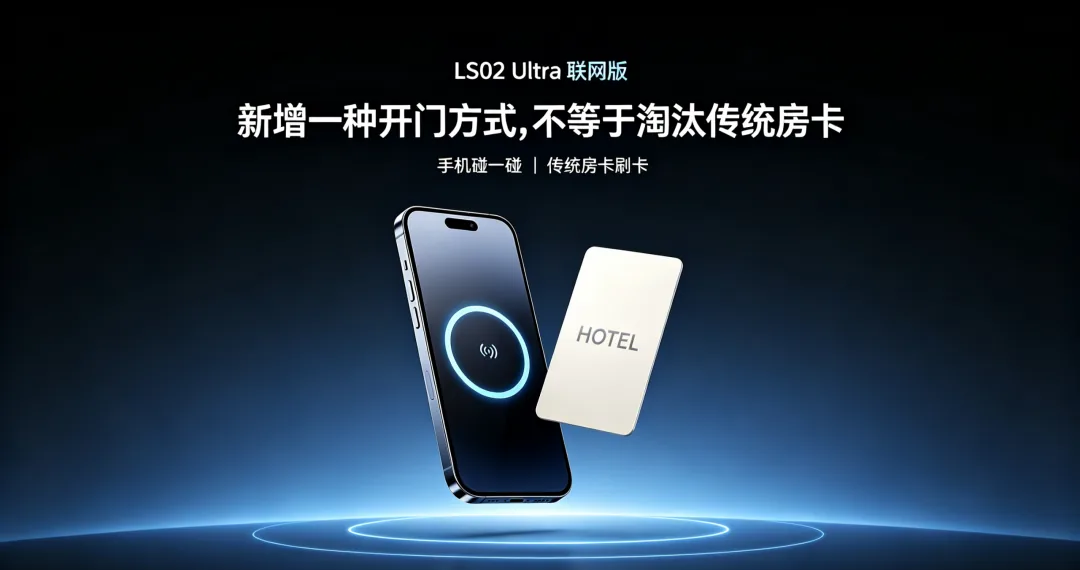 LS02 Ultra 联网版新旧开门方式兼顾图：画面并列展示「手机碰一碰」与「传统房卡刷卡」两种开门方式，标注「新增一种开门方式，不等于淘汰传统房卡」