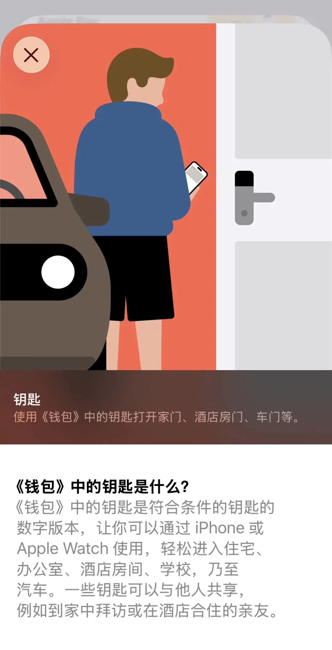 Apple 钱包《钥匙》功能说明截图：钥匙是符合条件的钥匙的数字版本，可通过 iPhone 或 Apple Watch 打开家门、酒店房门、车门等，也可与亲友共享