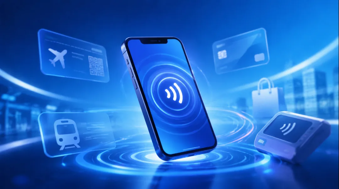 手机 NFC 开门概念图：智能手机贴近门锁感应区完成开锁的手机钥匙使用场景