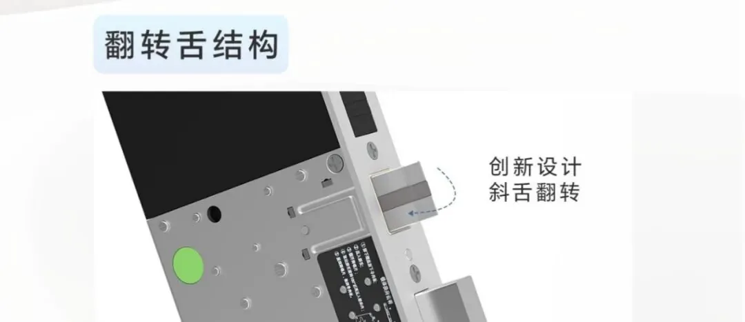 LS02 锁体翻转舌结构创新设计示意：斜舌翻转让开门动作由两步简化为一步，无需下压把手