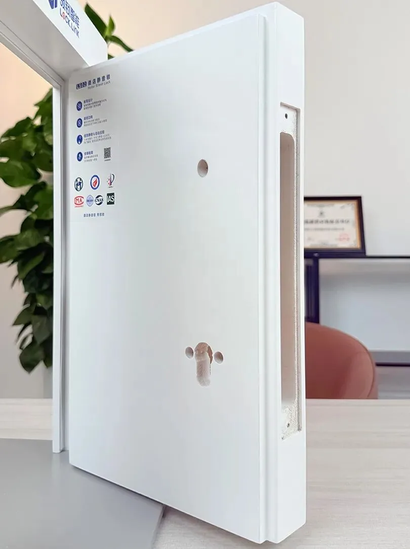 LS02 酒店静音锁极小开孔实拍：白色房门的侧面视图，门面上只开一个贴合锁芯尺寸的葫芦形锁头孔 + 一个信号透光小孔，最大化保留门体出厂隔音结构